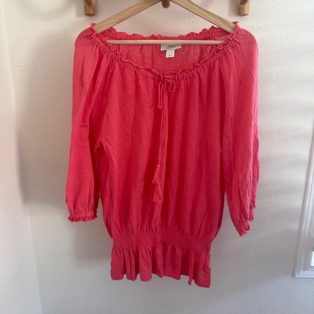 NWOT LOFT Pink coral linen blend  off the shoulder blouse size L
